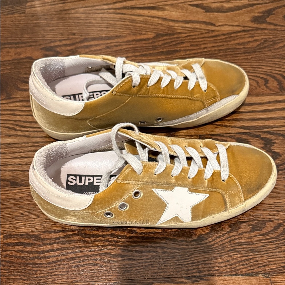 Golden Goose Mustard and White Sneakers
